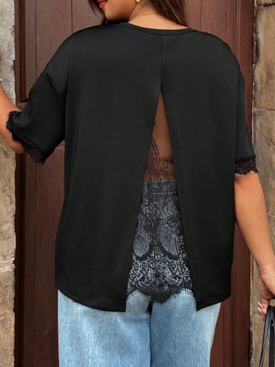 Tops - Black Casual Women's Plus Size Lace Open Back Round Neck Short Sleeve T-Shirt